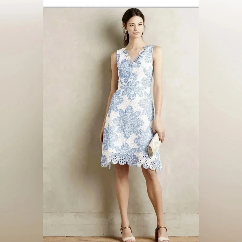 NWT Anthropologie "Starflower Scalloped Dress" Eva Franco, Blue Lace Size 4
